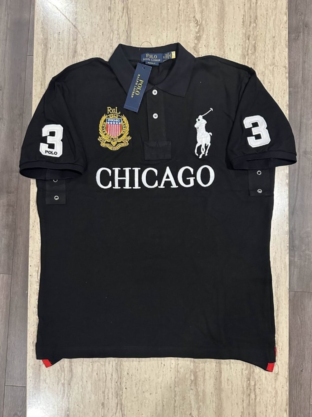 Vintage Polo Ralph Lauren #3 Big Chicago Black X-Large Custom Slim Polo Shirt